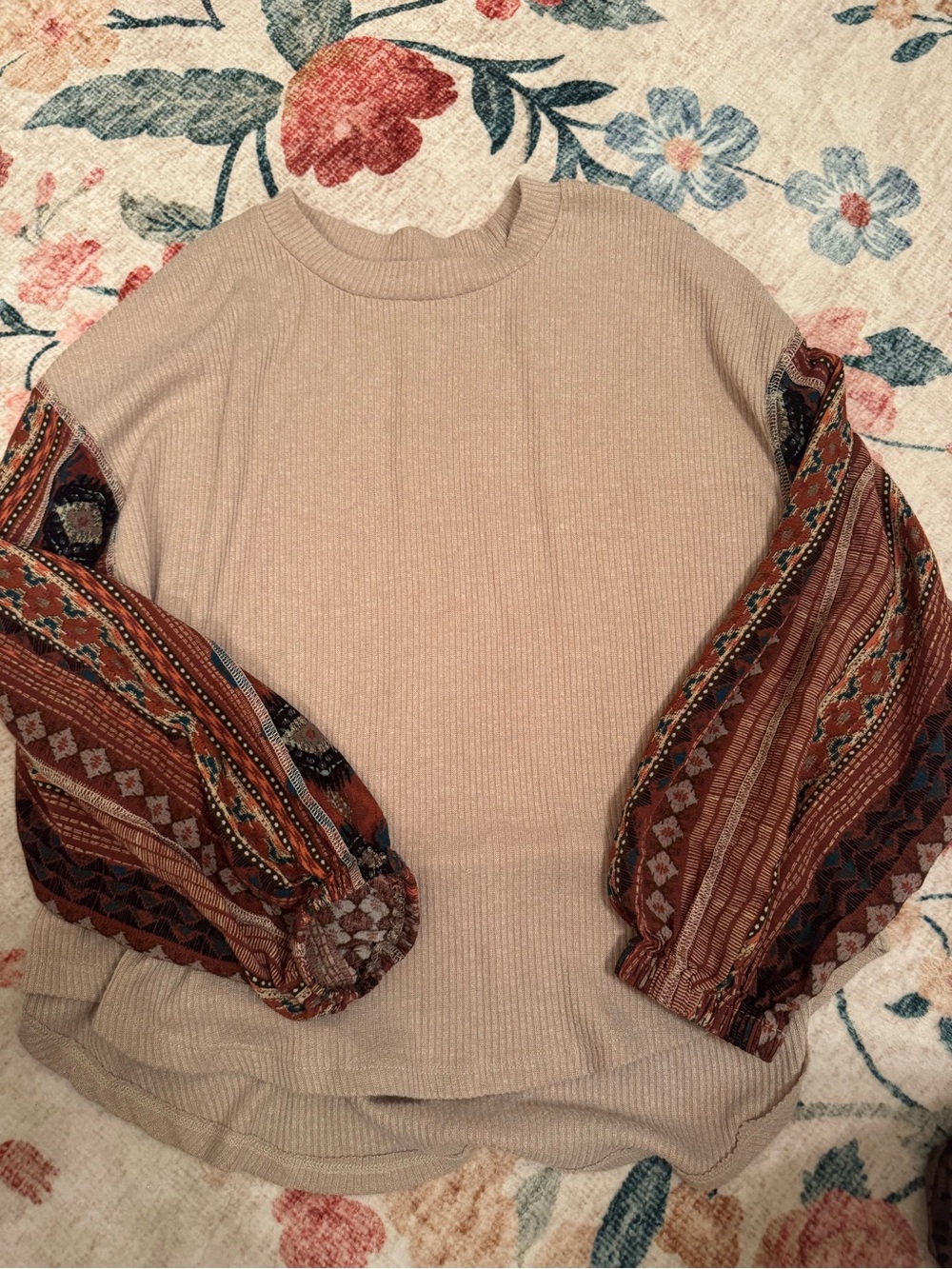 Altar'd State Cream Ribbed Pullover with Burnt Orange Patterned Balloon Sleeves - Picture 4 of 5